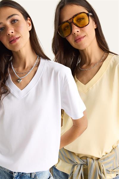 %100 Organik Pamuk Derin V Yakalı Comfort Fit T-Shirt 60602066 - Beyaz-Tereyağ