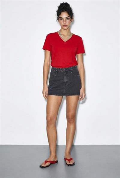 %100 Organik Pamuk Derin V Yakalı Comfort Fit T-Shirt 60602066 - Beyaz-Kırmızı