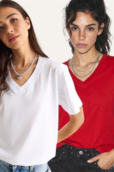 %100 Organik Pamuk Derin V Yakalı Comfort Fit T-Shirt 60602066 - Beyaz-Kırmızı