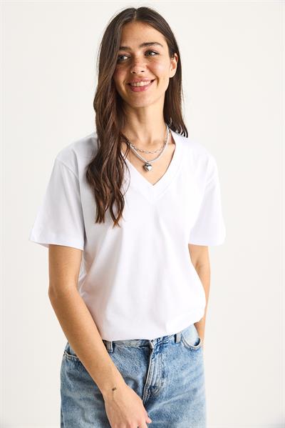 Kadın %100 Organik Pamuk Derin V Yakalı Comfort Fit T-Shirt 60602066 - Beyaz