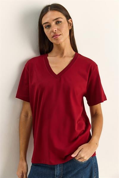 %100 Organik Pamuk Derin V Yakalı Comfort Fit T-Shirt 60602066 - Bordo