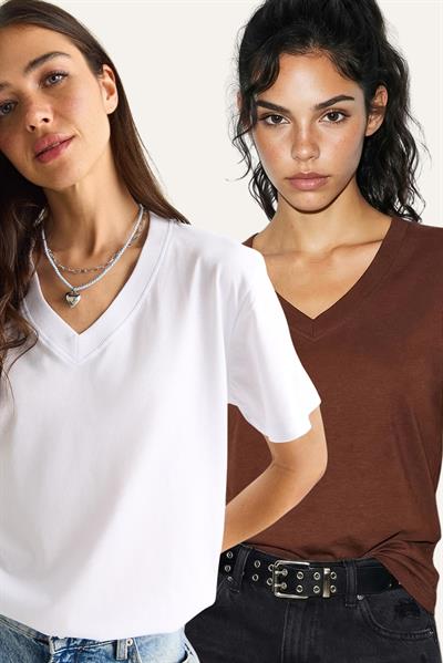 %100 Organik Pamuk Derin V Yakalı Comfort Fit T-Shirt 60602066 - Beyaz-Kahve
