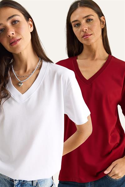 %100 Organik Pamuk Derin V Yakalı Comfort Fit T-Shirt 60602066 - Beyaz-Bordo