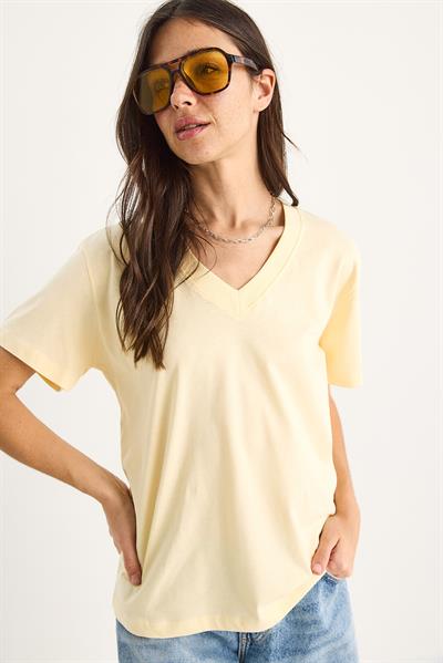 %100 Organik Pamuk Derin V Yakalı Comfort Fit T-Shirt 60602066 - Siyah-Beyaz-Sarı