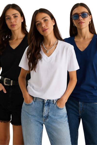 %100 Organik Pamuk Derin V Yakalı Comfort Fit T-Shirt 60602066 - Siyah-Beyaz-Laci