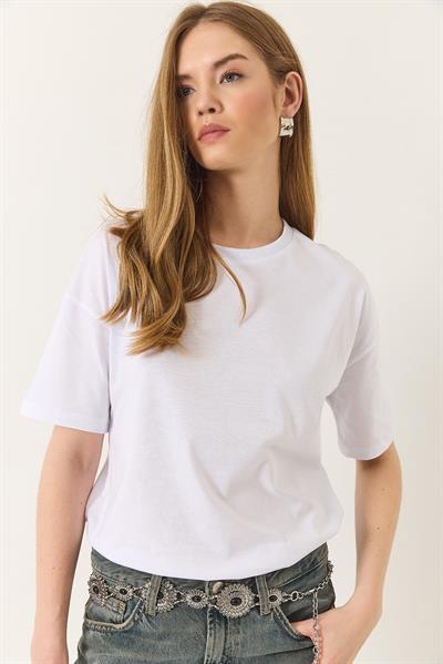 Kadın %100 Organik Pamuk Relaxed Fit Yuvarlak Yakalı T-Shirt 60602050 - Beyaz