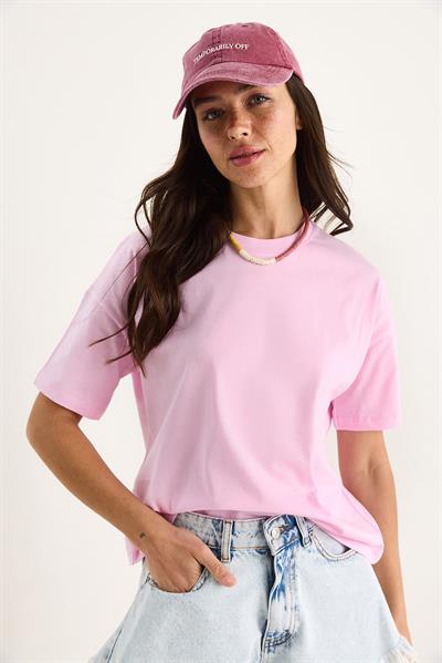 Kadın %100 Organik Pamuk Relaxed Fit Yuvarlak Yakalı T-Shirt 60602050 - Pembe