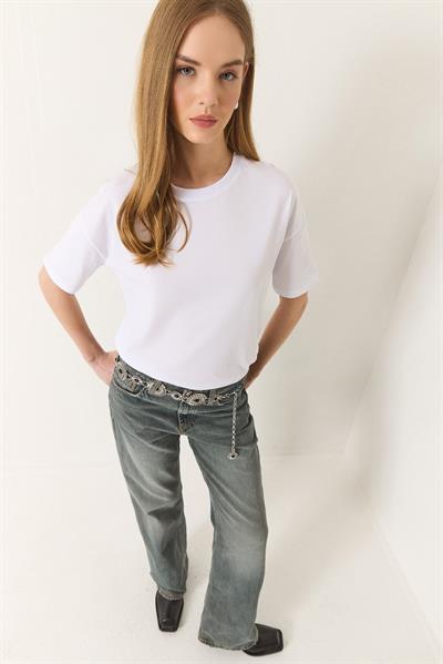 Kadın %100 Organik Pamuk Relaxed Fit Yuvarlak Yakalı T-Shirt 60602050 - Beyaz