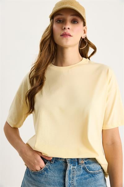 Kadın %100 Organik Pamuk Relaxed Fit Yuvarlak Yakalı T-Shirt 60602050 - Tereyağ