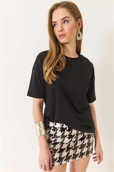 Kadın %100 Organik Pamuk Relaxed Fit Yuvarlak Yakalı T-Shirt 60602050 - Siyah