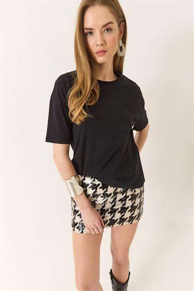 Kadın %100 Organik Pamuk Relaxed Fit Yuvarlak Yakalı T-Shirt 60602050 - Siyah