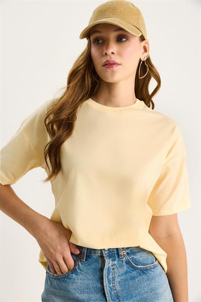 Kadın %100 Organik Pamuk Relaxed Fit Yuvarlak Yakalı T-Shirt 60602050 - Tereyağ