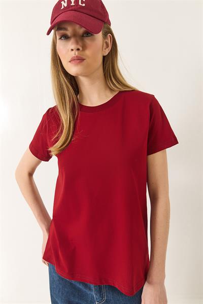 Kadın %100 Organik Pamuklu Comfort Fit Arkası Uzun Basic T-shirt 60602049 - Bordo