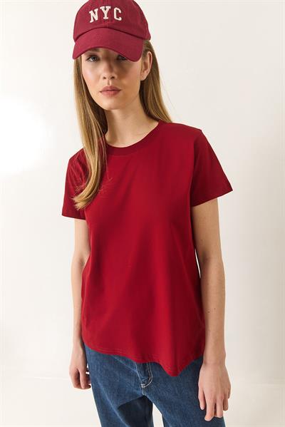 Kadın %100 Organik Pamuklu Comfort Fit Arkası Uzun Basic T-shirt 60602049 - Bordo