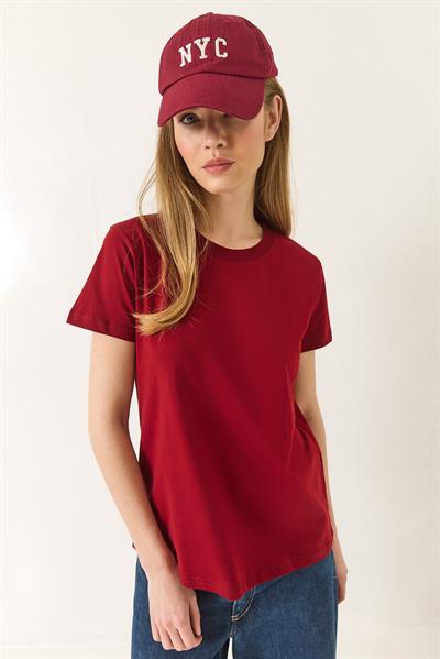 Kadın %100 Organik Pamuklu Comfort Fit Arkası Uzun Basic T-shirt 60602049 - Bordo