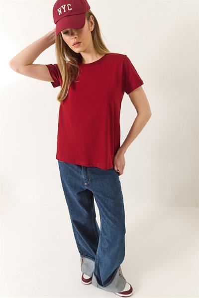 Kadın %100 Organik Pamuklu Comfort Fit Arkası Uzun Basic T-shirt 60602049 - Bordo