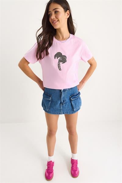 Kadın %100 Pamuk Bisiklet Yaka Palmiye Taş Aksesuarlı Rahat Kalıp T-Shirt 60602067 - Şeker Pembe