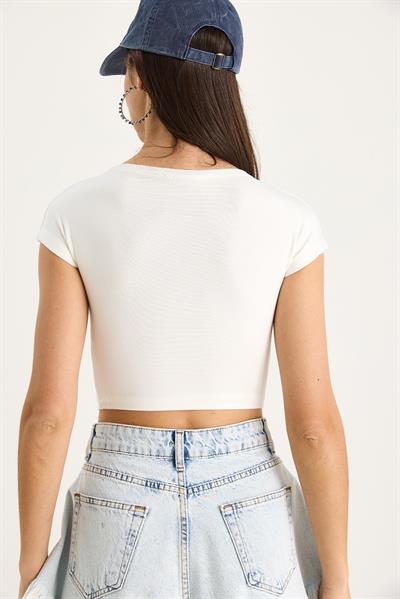 Kadın %100 Pamuklu Crop T-Shirt 60602062 - Beyaz
