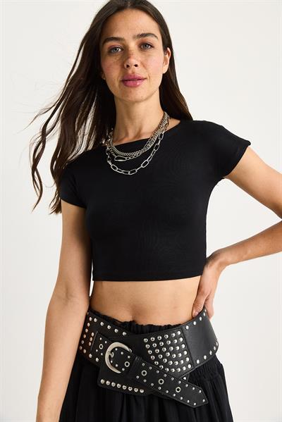 Kadın %100 Pamuklu Crop T-Shirt 60602062 - Siyah