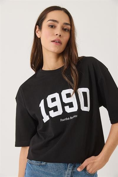 Kadın 1990 Baskılı Bisiklet Yaka Kısa Kollu Oversize Basic T-Shirt 0266 60283159 - Siyah