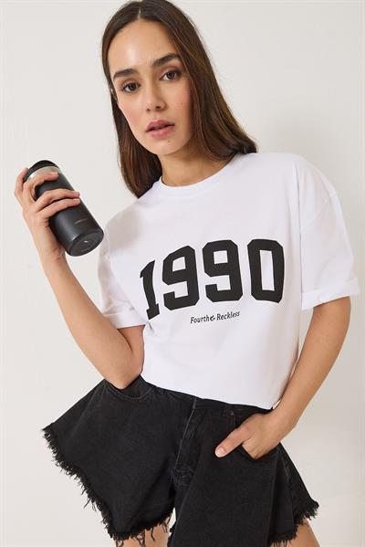 Kadın 1990 Baskılı Bisiklet Yaka Kısa Kollu Oversize Basic T-Shirt 0266 60283159 - Beyaz