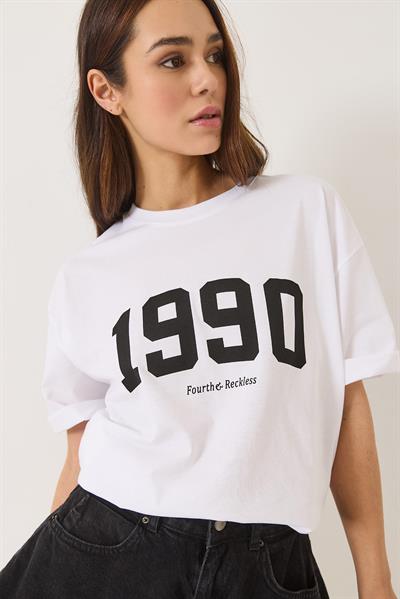 Kadın 1990 Baskılı Bisiklet Yaka Kısa Kollu Oversize Basic T-Shirt 0266 60283159 - Beyaz