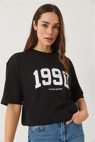 Kadın 1990 Baskılı Bisiklet Yaka Kısa Kollu Oversize Basic T-Shirt 0266 60283159 - Siyah