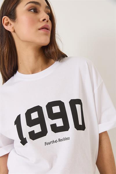 Kadın 1990 Baskılı Bisiklet Yaka Kısa Kollu Oversize Basic T-Shirt 0266 60283159 - Beyaz