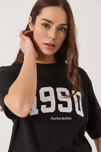 Kadın 1990 Baskılı Bisiklet Yaka Kısa Kollu Oversize Basic T-Shirt 0266 60283159 - Siyah