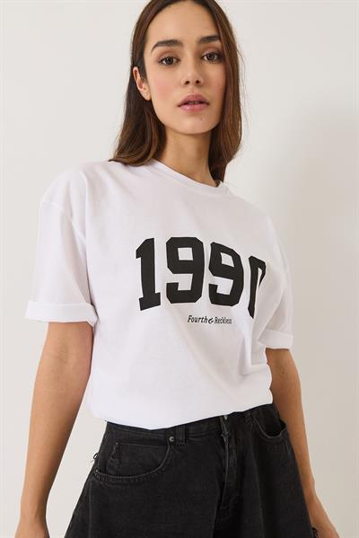 Kadın 1990 Baskılı Bisiklet Yaka Kısa Kollu Oversize Basic T-Shirt 0266 60283159 - Beyaz