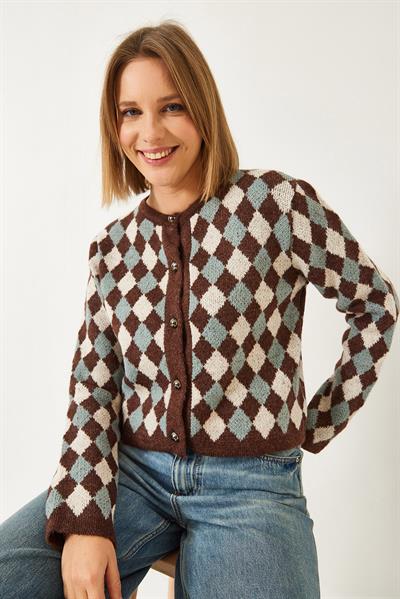 5 Düğmeli Baklava Desenli Triko Hırka 241132 60261234 - Koyu Tarçın - Krem