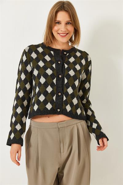 5 Düğmeli Baklava Desenli Triko Hırka 241132 60261234 - Koyu Antrasit - Krem