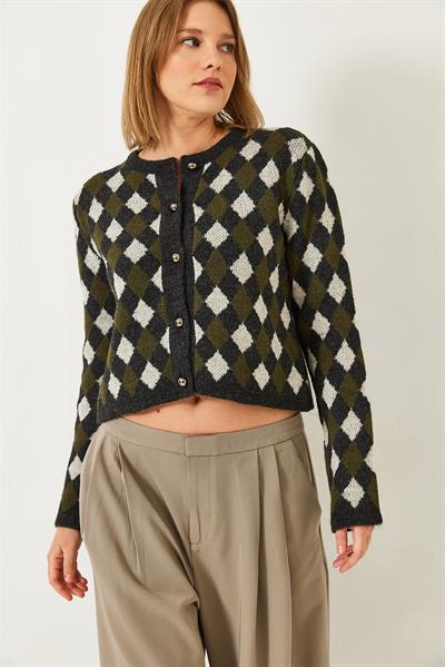 5 Düğmeli Baklava Desenli Triko Hırka 241132 60261234 - Koyu Antrasit - Krem