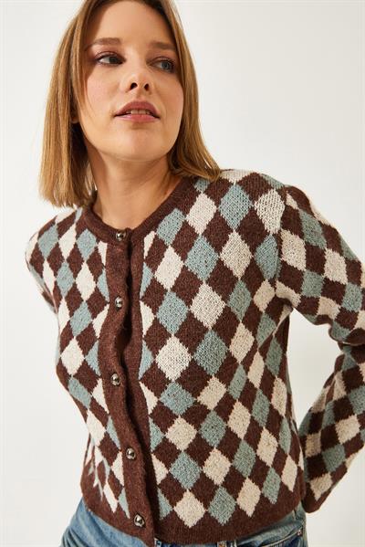 5 Düğmeli Baklava Desenli Triko Hırka 241132 60261234 - Koyu Tarçın - Krem