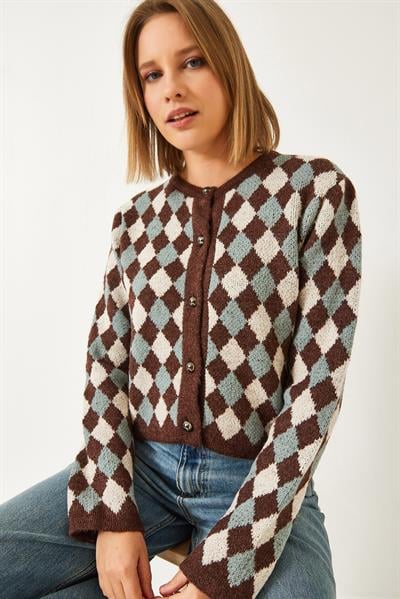 5 Düğmeli Baklava Desenli Triko Hırka 241132 60261234 - Koyu Tarçın - Krem