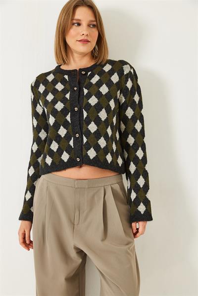 5 Düğmeli Baklava Desenli Triko Hırka 241132 60261234 - Koyu Antrasit - Krem