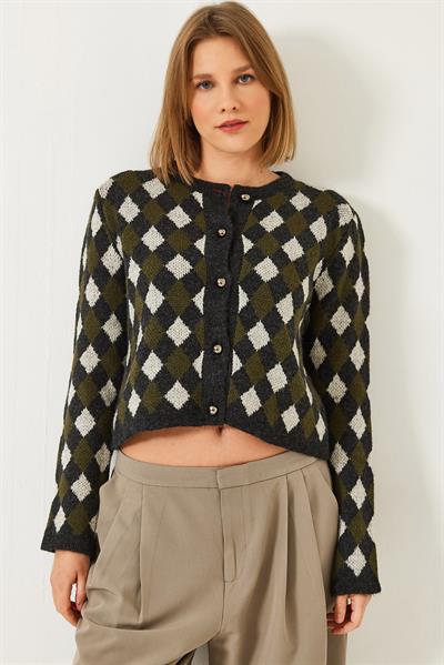 5 Düğmeli Baklava Desenli Triko Hırka 241132 60261234 - Koyu Antrasit - Krem