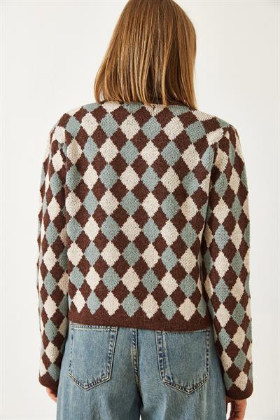 5 Düğmeli Baklava Desenli Triko Hırka 241132 60261234 - Koyu Tarçın - Krem