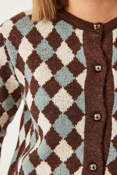 5 Düğmeli Baklava Desenli Triko Hırka 241132 60261234 - Koyu Tarçın - Krem