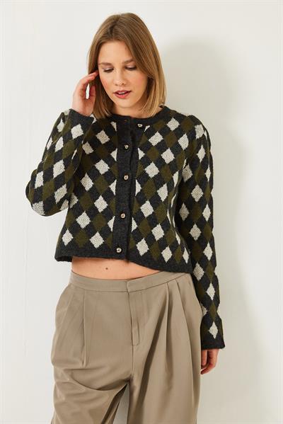 5 Düğmeli Baklava Desenli Triko Hırka 241132 60261234 - Koyu Antrasit - Krem