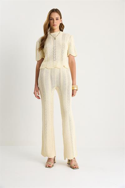 Kadın Ajur Detaylı Dalga Desenli Alt-Üst Triko Takım 60283501 - Krem