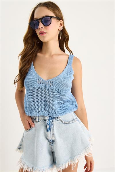 Kadın Ajurlu Askılı Crop Triko Bluz 20251031 - Bebe Mavisi