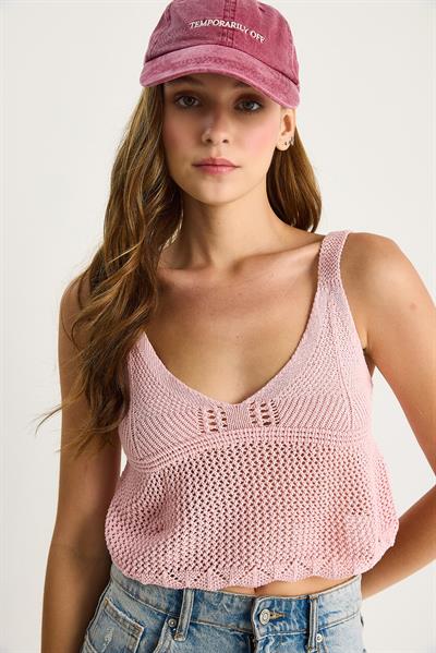Kadın Ajurlu Askılı Crop Triko Bluz 20251031 - Şeker Pembe