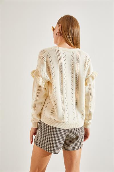 Ajurlu Fırfırlı Triko Hırka - Krem