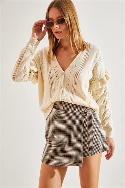 Ajurlu Fırfırlı Triko Hırka - Krem