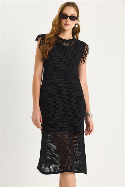 Kadın Ajurlu Kol Detaylı Astarlı Triko Elbise 20251038 - Siyah