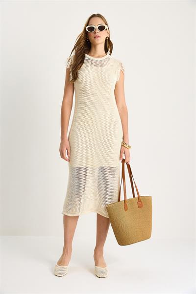 Kadın Ajurlu Kol Detaylı Astarlı Triko Elbise 20251038 - Ekru