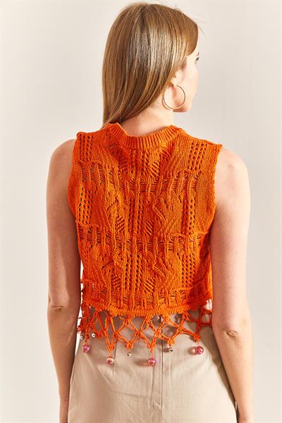 Kadın Ajurlu Saçakları Taş İşlemeli Desenli Triko Bluz 20234909 - turuncu