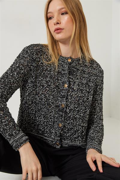Ajurlu Simli Triko Hırka 20246243 - Siyah-Antrasit