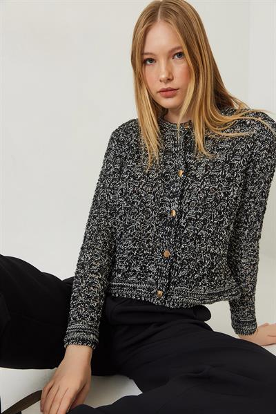 Ajurlu Simli Triko Hırka 20246243 - Siyah-Antrasit